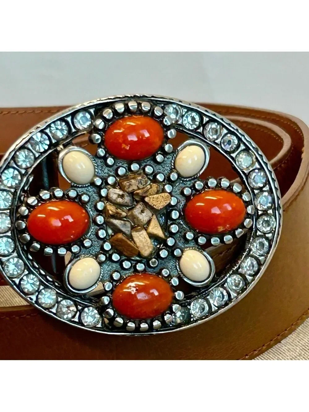 Olsen Europe camel brown orange stone crystal rhinestone buckle leather belt 8